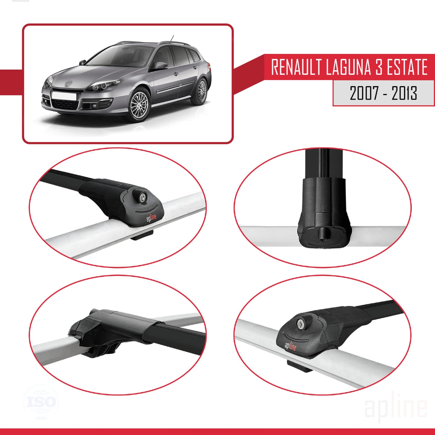 Compatible with Renault Laguna 3 Estate 2007-2013 ACE-1 Car Roof Rack Cross Bar Black Aluminium 3 Bars