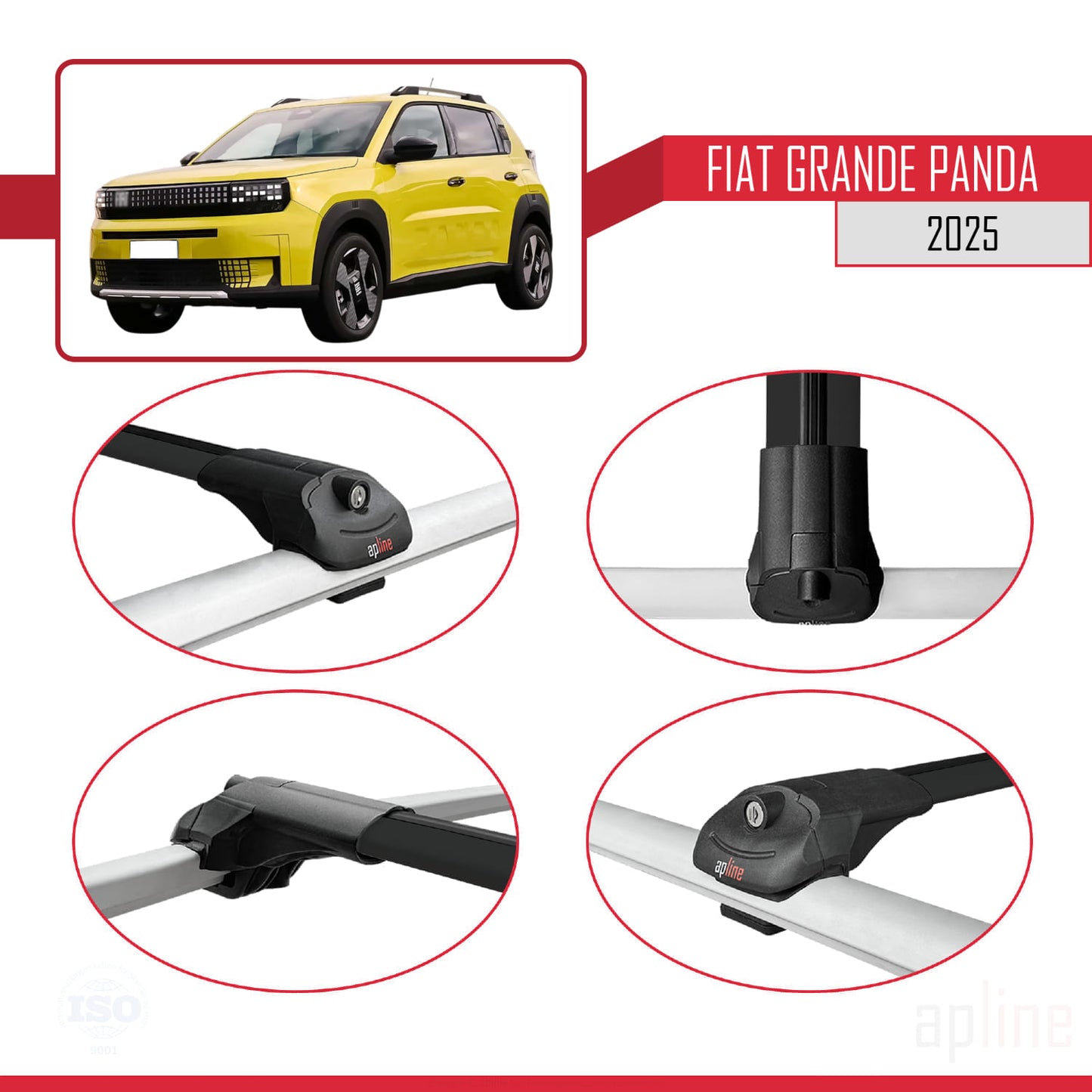 Compatible withFiat Grande Panda 2025 ACE-1 Car Roof Rack Cross Bar Black Aluminium 3 Bars