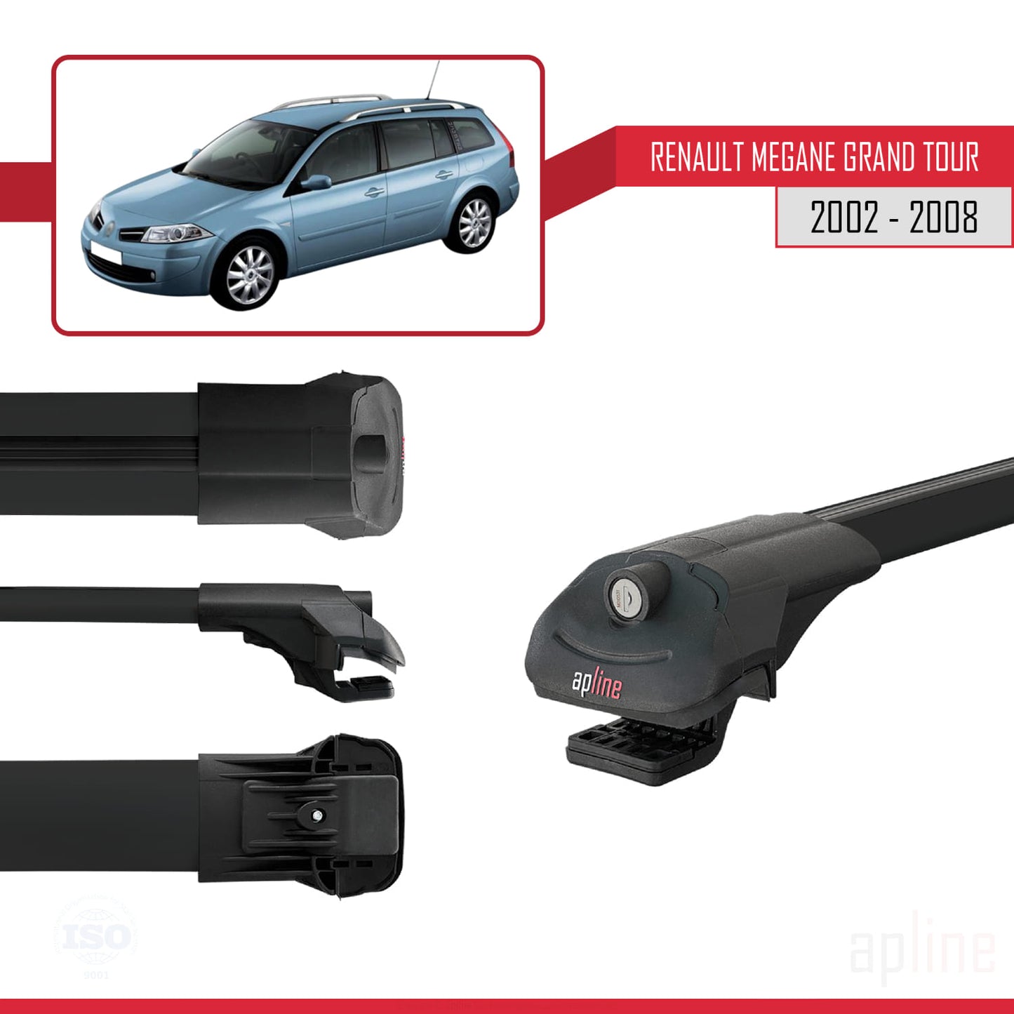 Compatible with Renault Megane Grand Tour 2002-2008 ACE-1 Car Roof Rack Cross Bar Black Aluminium 3 Bars