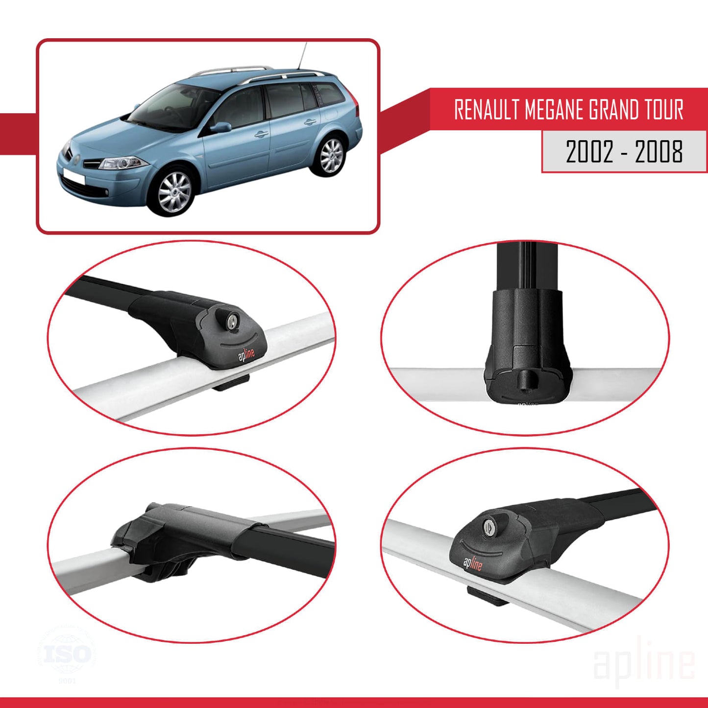 Compatible with Renault Megane Grand Tour 2002-2008 ACE-1 Car Roof Rack Cross Bar Black Aluminium 2 Bars