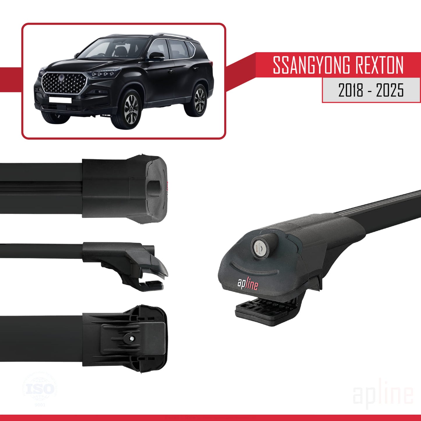 Compatible with SsangYong Rexton 2018-2025 ACE-1 Car Roof Rack Cross Bar Black Aluminium 2 Bars