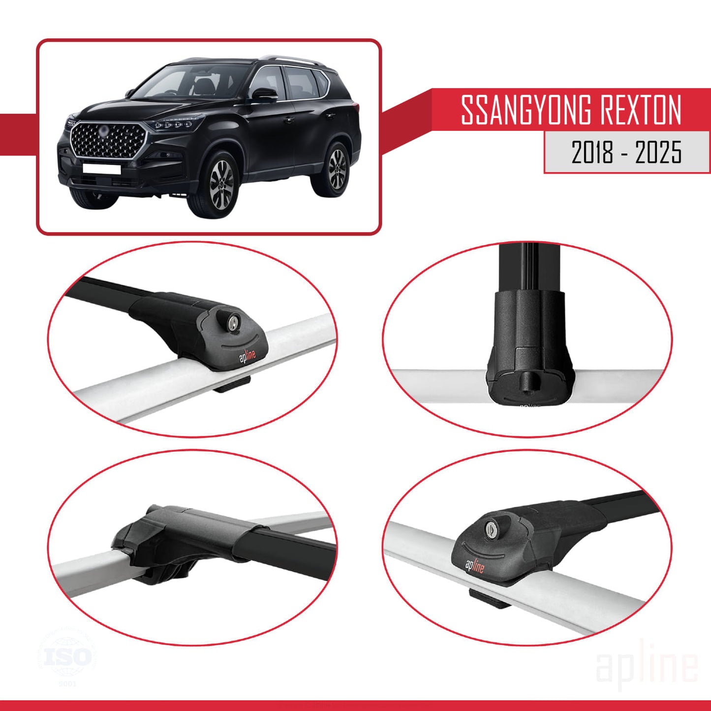 Compatible with SsangYong Rexton 2018-2025 ACE-1 Car Roof Rack Cross Bar Black Aluminium 2 Bars