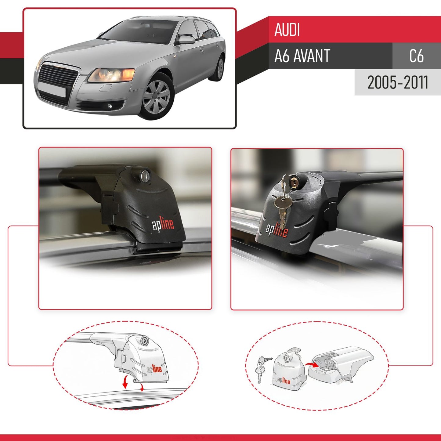 Compatible with Audi A6 (C6) Avant 2005-2011 ACE-2 Model Car Roof Rack Cross Bar Black Aluminium 2 Bars