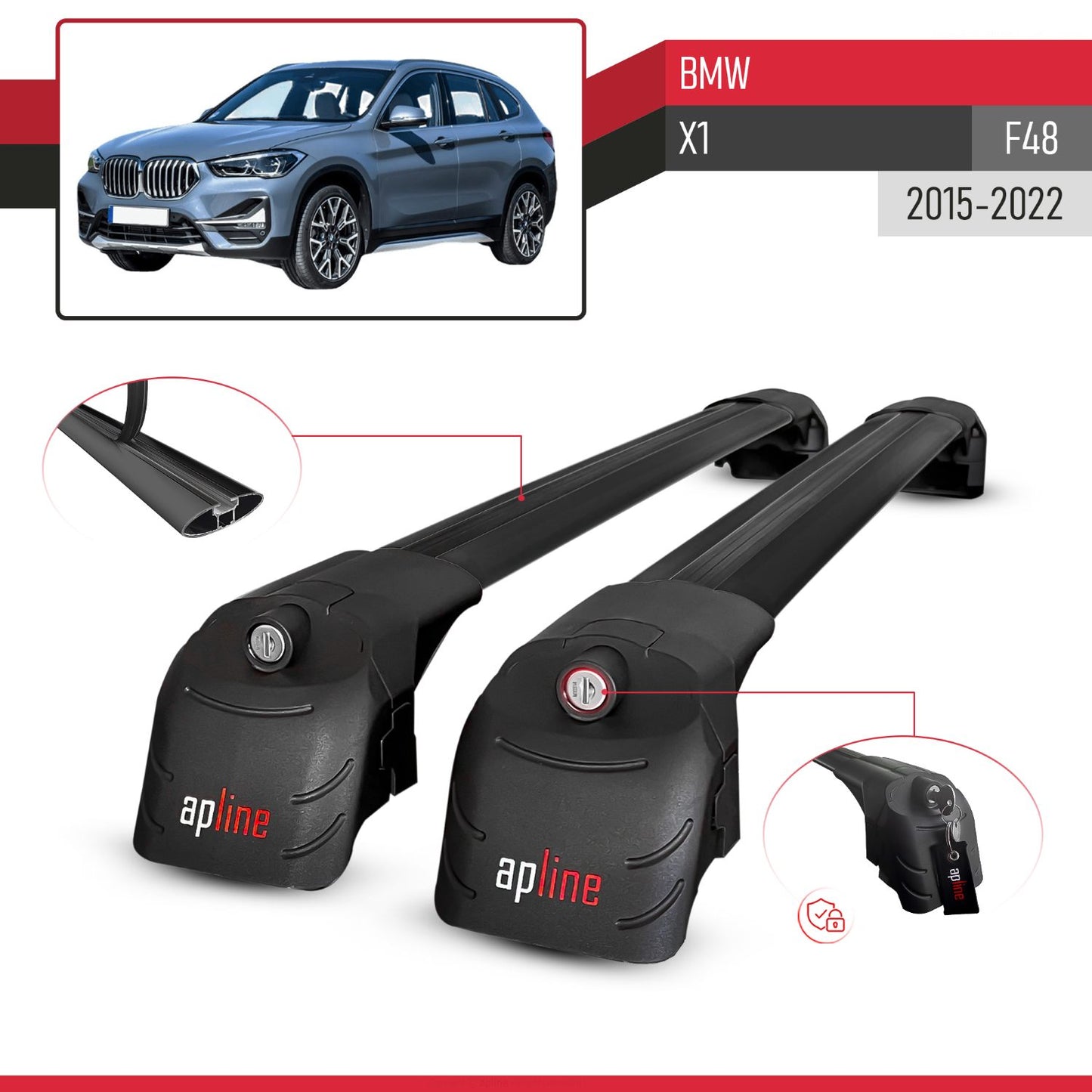 Compatible with BMW X1 (F48) 2015-2022 ACE-2 Model Car Roof Rack Cross Bar Black Aluminium 2 Bars