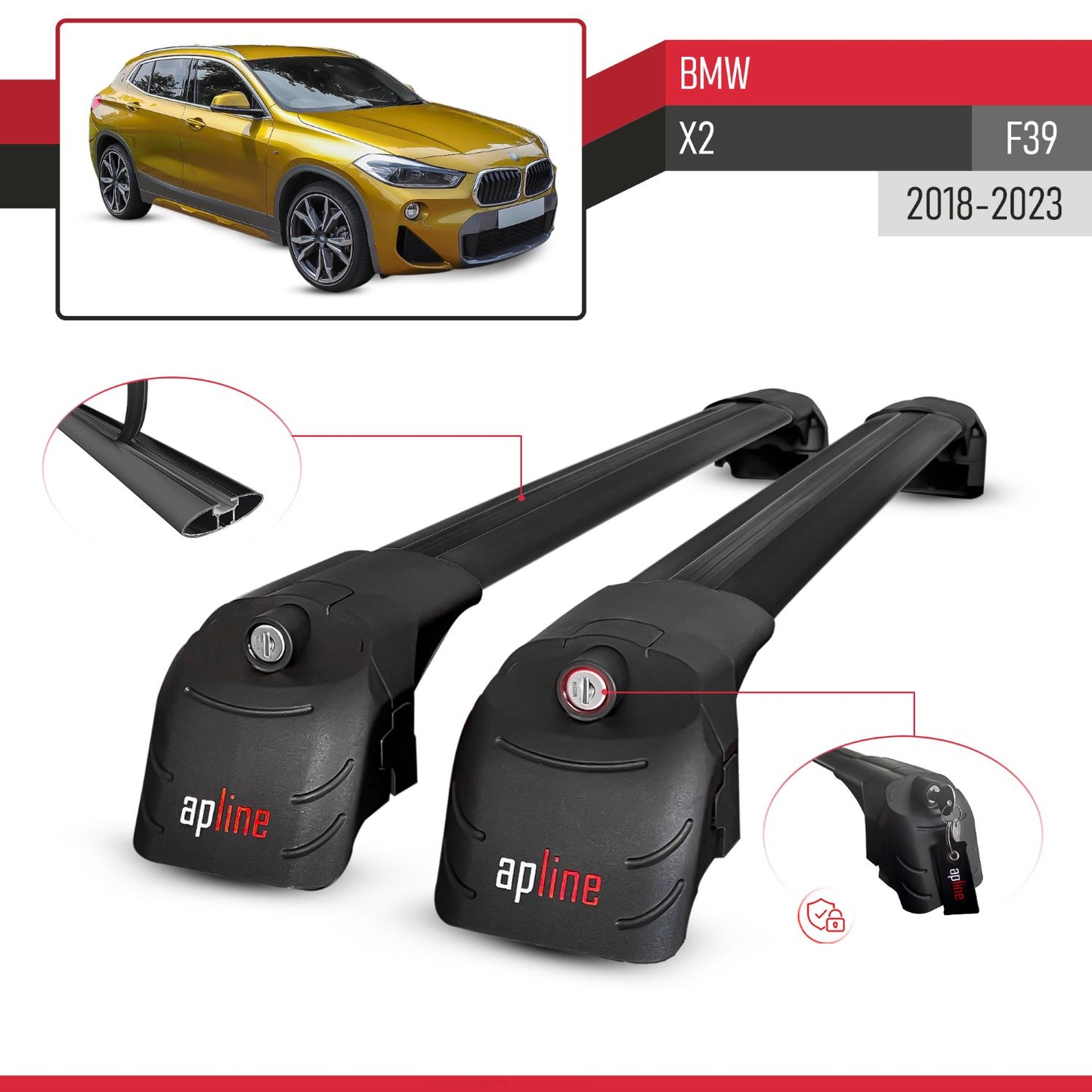 Compatible with BMW X2 (F39) 2018-2023 ACE-2 Model Car Roof Rack Cross Bar Black Aluminium 2 Bars