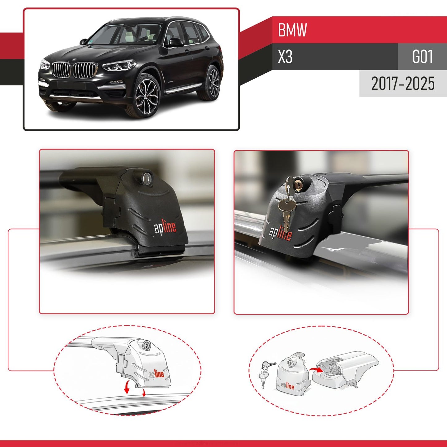 Compatible with BMW X3 (G01) 2017-2025 ACE-2 Model Car Roof Rack Cross Bar Black Aluminium 2 Bars