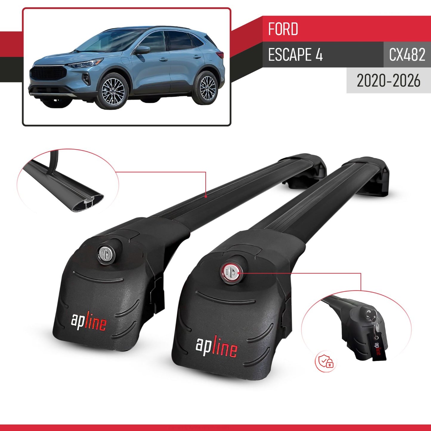 Compatible with Ford Escape 4 (CX482) 2020-2026 ACE-2 Model Car Roof Rack Cross Bar Black Aluminium 2 Bars