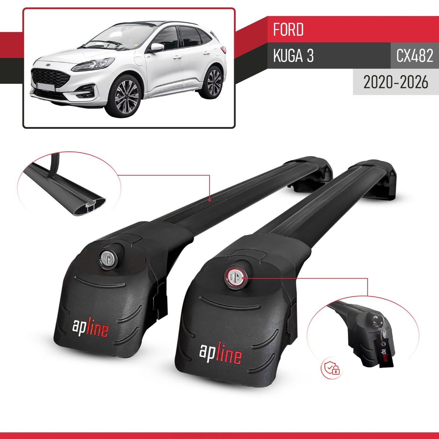 Compatible with Ford Kuga 3 (CX482) 2020-2026 ACE-2 Model Car Roof Rack Cross Bar Black Aluminium 2 Bars