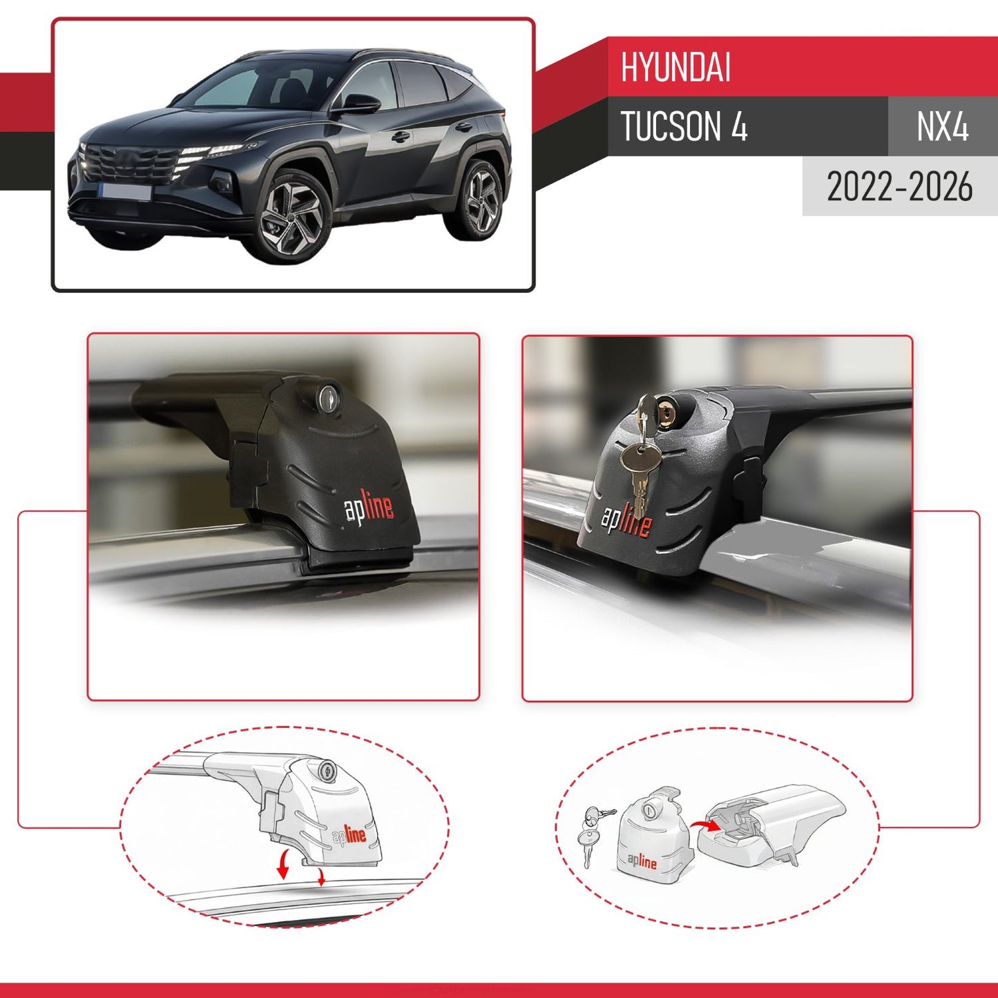 Compatible with Hyundai Tucson 4 (NX4) 2022-2026 ACE-2 Model Car Roof Rack Cross Bar Black Aluminium 2 Bars
