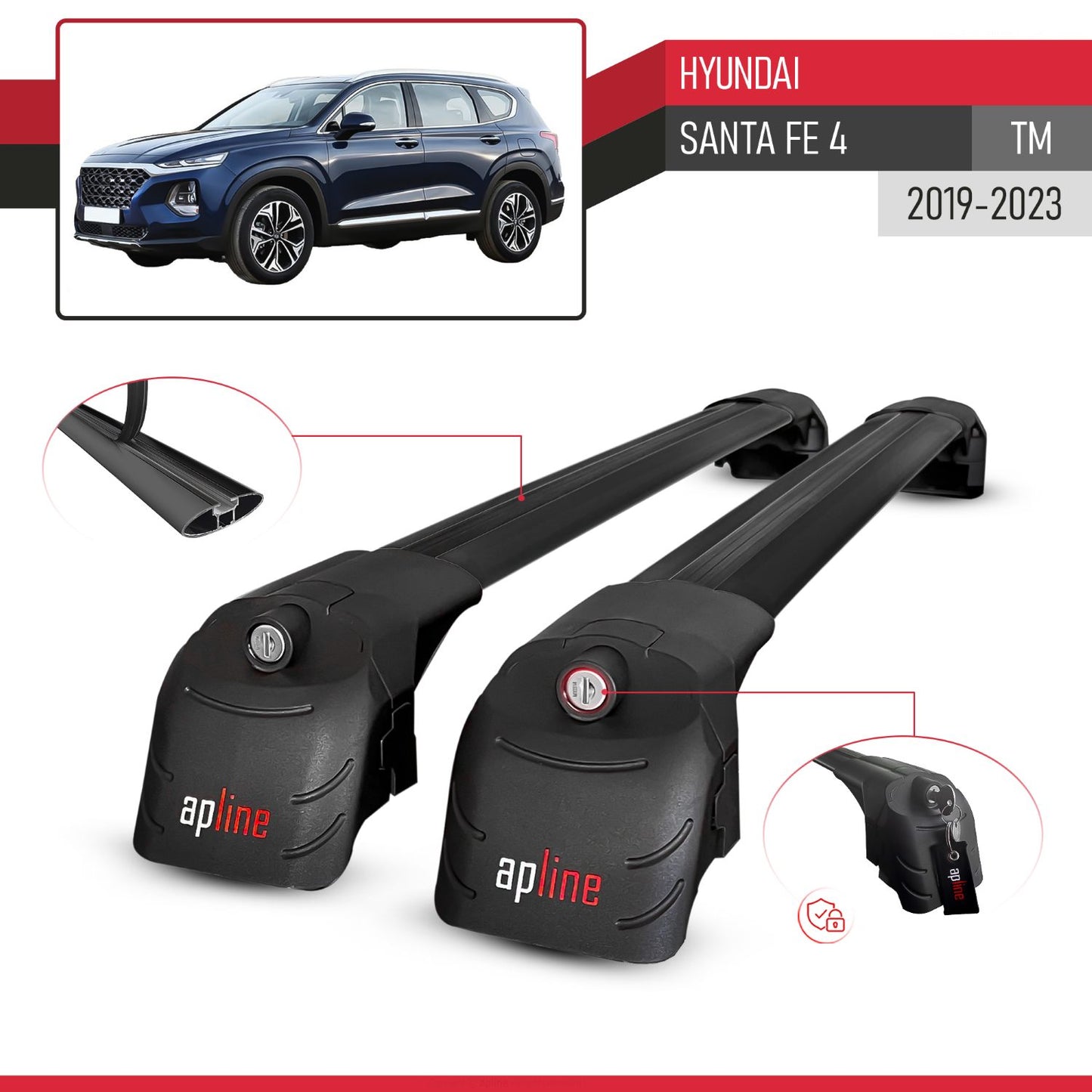 Compatible with Hyundai Santa Fe 4 (TM) 2019-2023 ACE-2 Model Car Roof Rack Cross Bar Black Aluminium 2 Bars