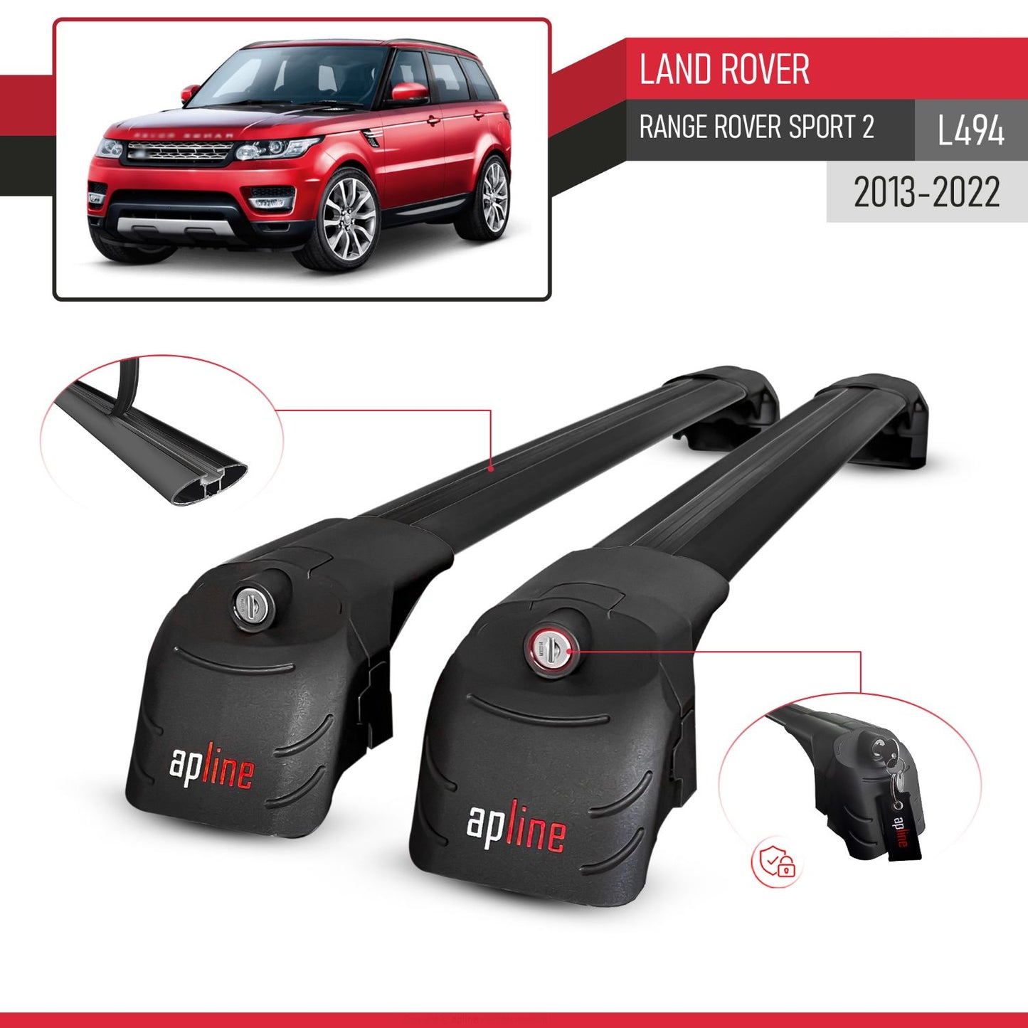 Compatible with Land Rover Range Rover Sport 2 (L494) 2013-2022 ACE-2 Model Car Roof Rack Cross Bar Black Aluminium 2 Bars