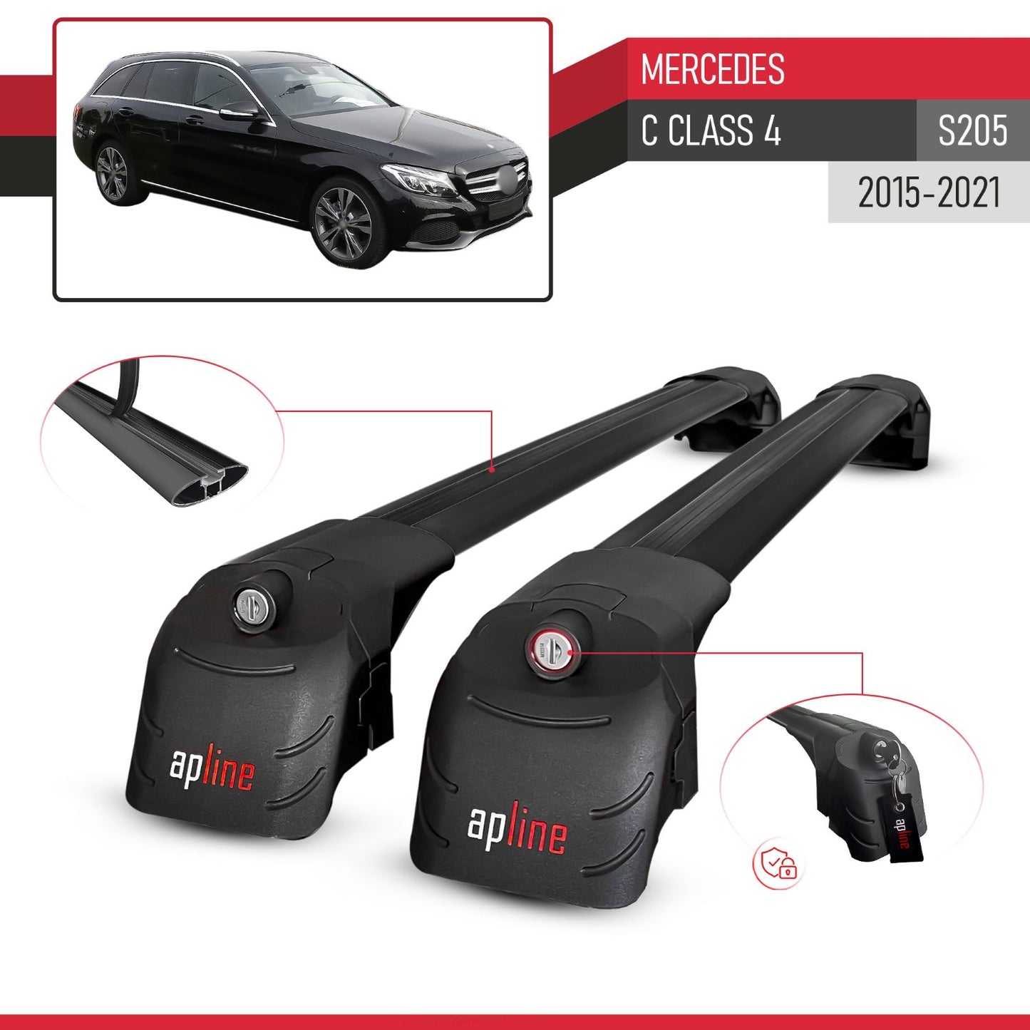 Compatible with Mercedes C Class 4 (S205) 2015-2021 ACE-2 Model Car Roof Rack Cross Bar Black Aluminium 2 Bars