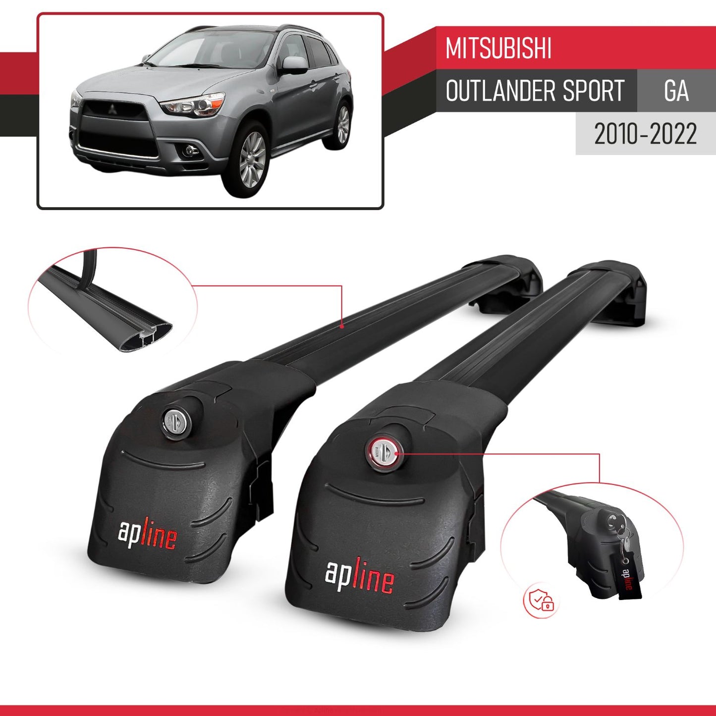 Compatible with Mitsubishi Outlander Sport (GA) 2010-2022 ACE-2 Model Car Roof Rack Cross Bar Black Aluminium 2 Bars