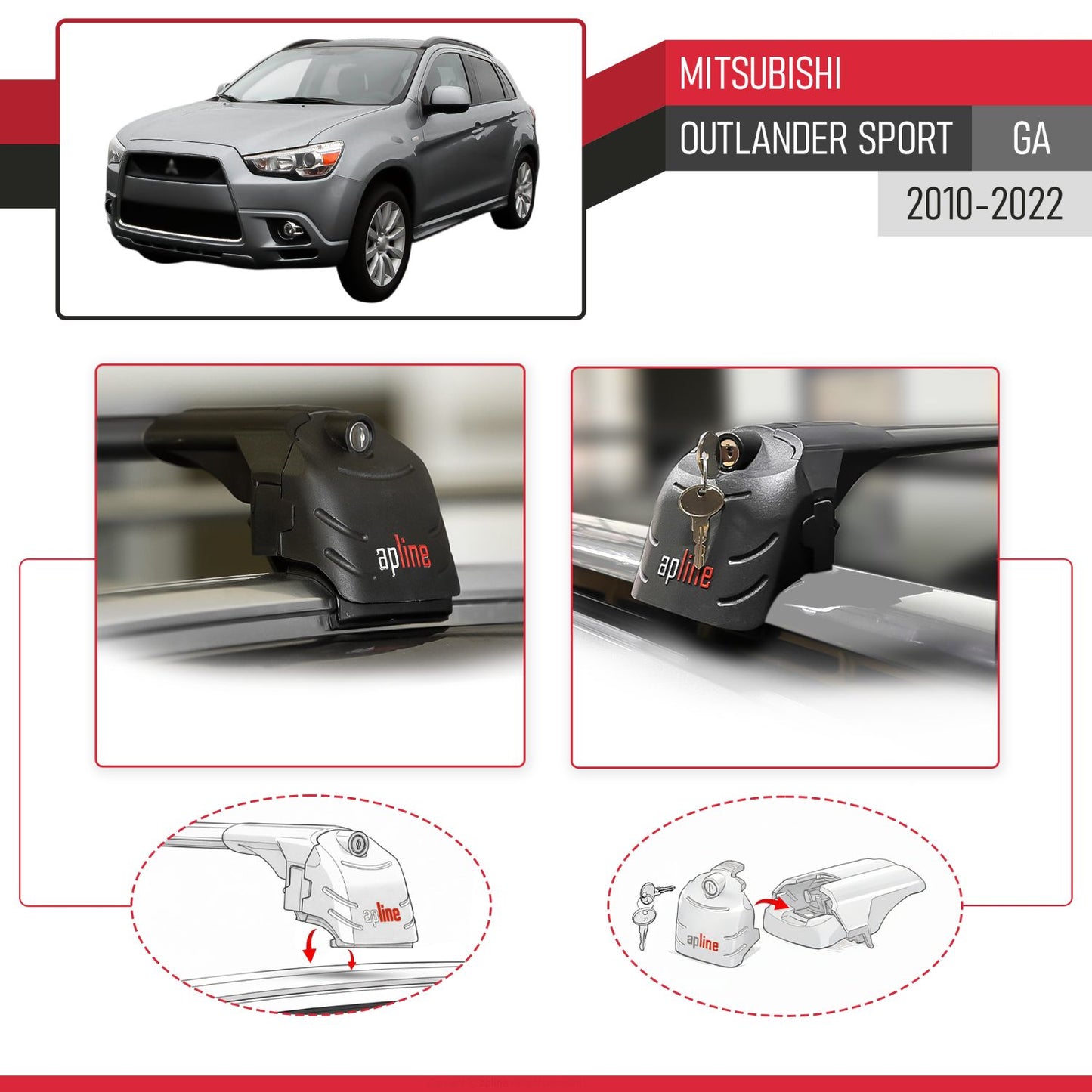 Compatible with Mitsubishi Outlander Sport (GA) 2010-2022 ACE-2 Model Car Roof Rack Cross Bar Black Aluminium 2 Bars