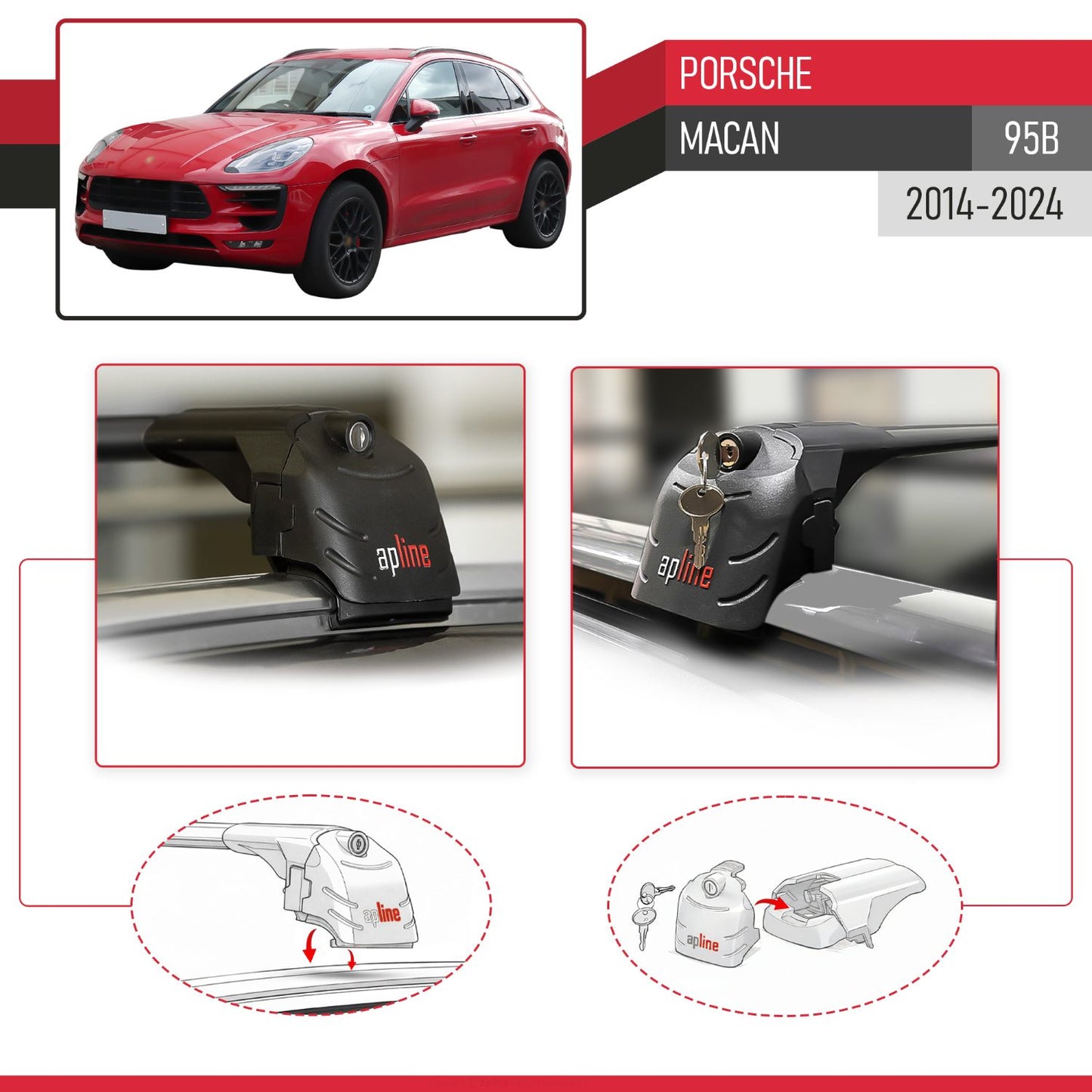 Compatible with Porsche Macan (95B) 2014-2024 ACE-2 Model Car Roof Rack Cross Bar Black Aluminium 2 Bars