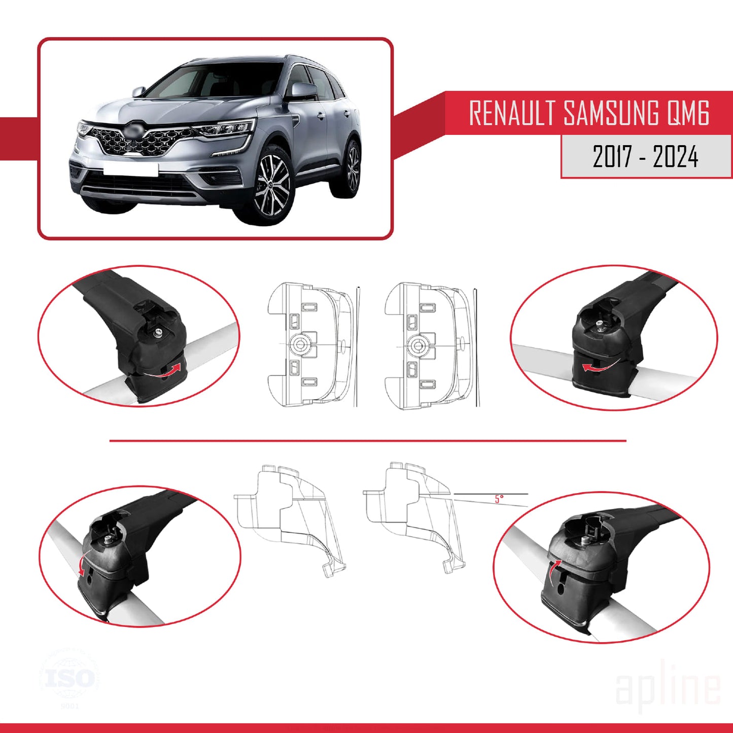 Compatible with Renault Samsung QM6 2017-2024 ACE-2 Car Roof Rack Cross Bar Black Aluminium 2 Bars