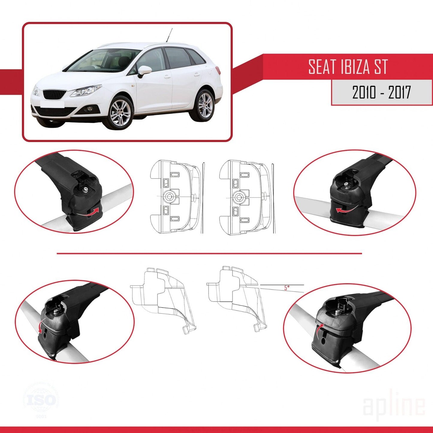 Compatible with Seat Ibiza 4 (6J) ST 2010-2017 ACE-2 Car Roof Rack Cross Bar Black Aluminium 2 Bars