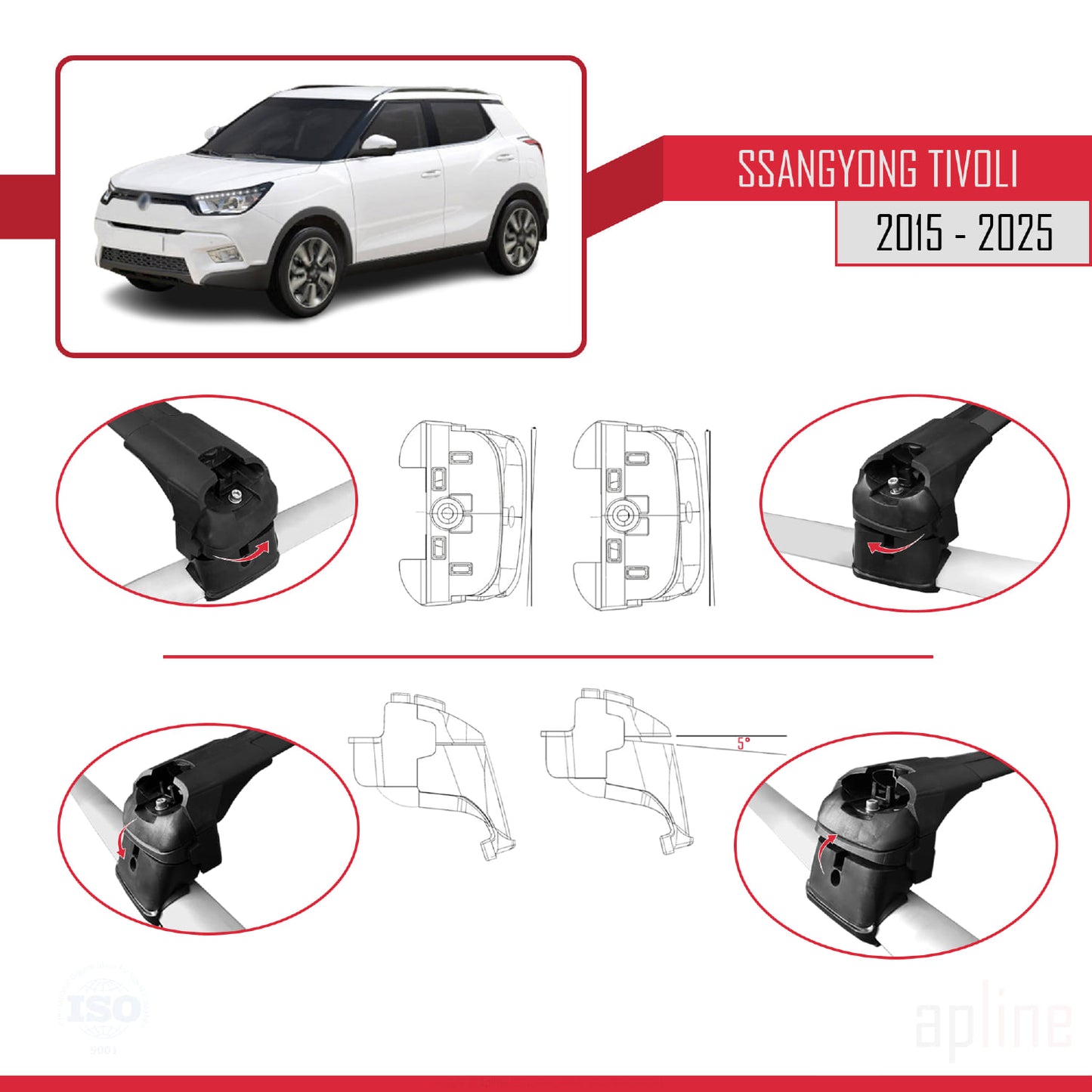 Compatible with Ssangyong Tivoli 2015-2025 ACE-2 Car Roof Rack Cross Bar Black Aluminium 2 Bars