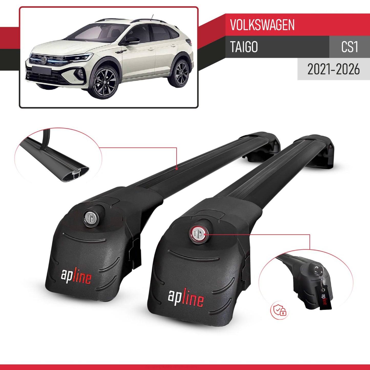 Compatible with Volkswagen Taigo (CS1) 2021-2026 ACE-2 Model Car Roof Rack Cross Bar Black Aluminium 2 Bars