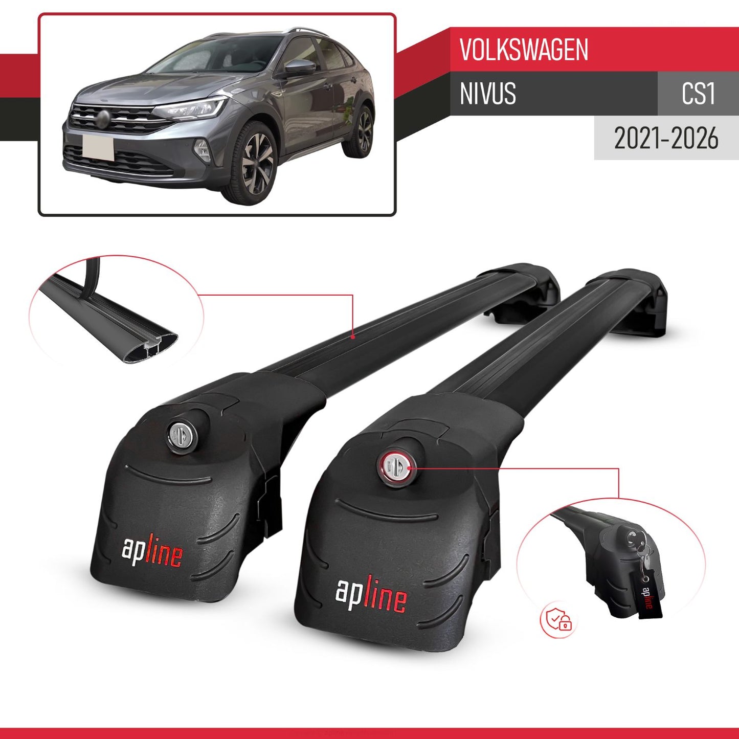 Compatible with Volkswagen Nivus (CS1) 2021-2026 ACE-2 Model Car Roof Rack Cross Bar Black Aluminium 2 Bars