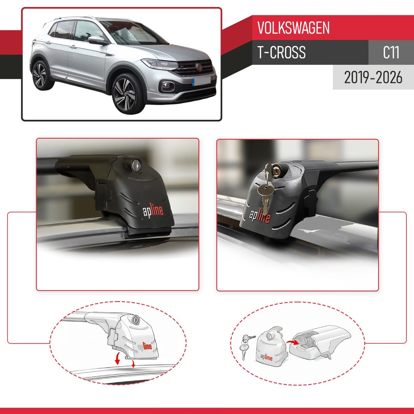Compatible with Volkswagen T-Cross (C11) 2019-2026 ACE-2 Model Car Roof Rack Cross Bar Black Aluminium 2 Bars