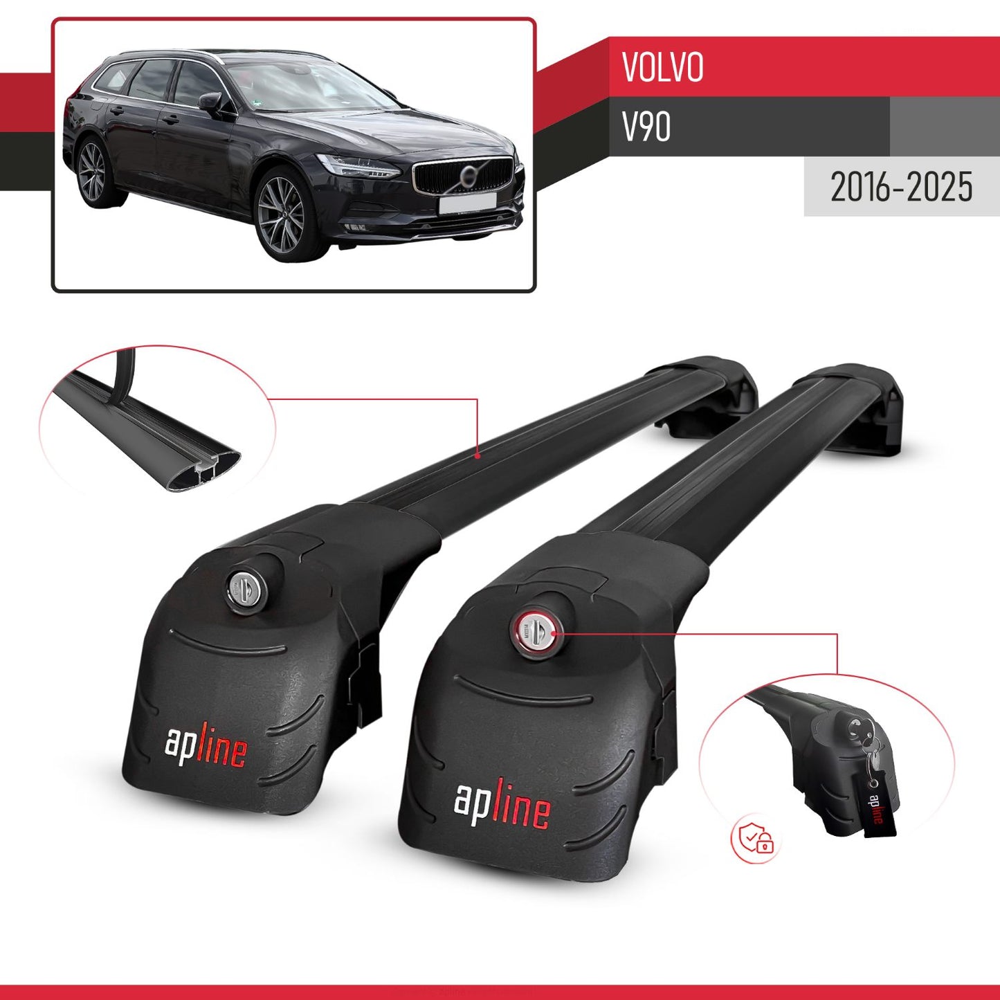 Compatible with Volvo V90 2016-2025 ACE-2 Model Car Roof Rack Cross Bar Black Aluminium 2 Bars