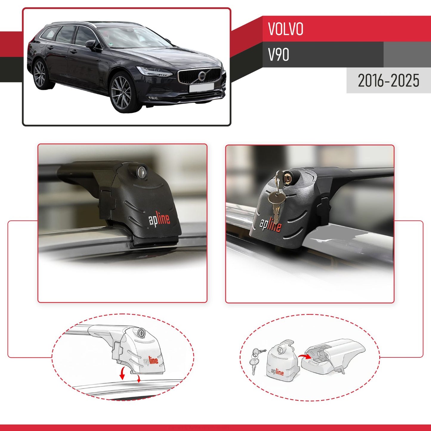 Compatible with Volvo V90 2016-2025 ACE-2 Model Car Roof Rack Cross Bar Black Aluminium 2 Bars
