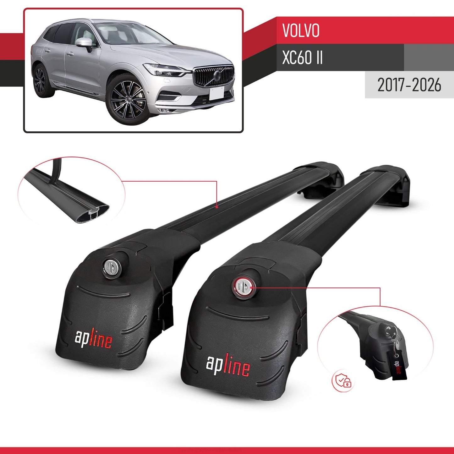 Compatible with Volvo XC60 II 2017-2025 ACE-2 Car Roof Rack Cross Bar Black Aluminium 2 Bars