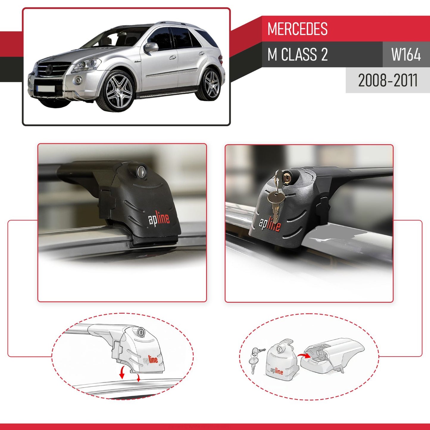 Compatible with Mercedes M Class 2 (W164) Post-Facelift 2008-2011 ACE-2 Model Car Roof Rack Cross Bar Black Aluminium 2 Bars