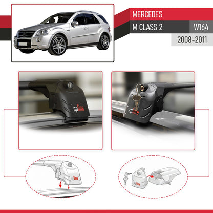 Compatible with Mercedes M Class 2 (W164) Post-Facelift 2008-2011 ACE-2 Model Car Roof Rack Cross Bar Black Aluminium 2 Bars