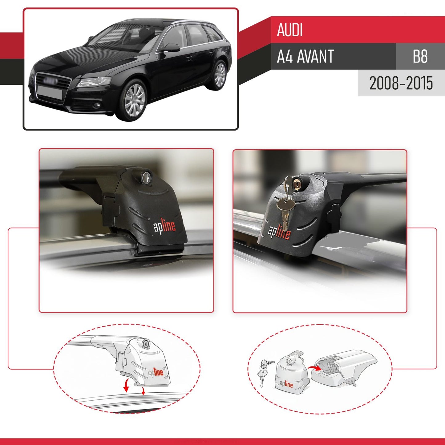 Compatible with Audi A4 (B8) Avant 2008-2015 ACE-2 Car Roof Rack Cross Bar Black Aluminium 2 Bars