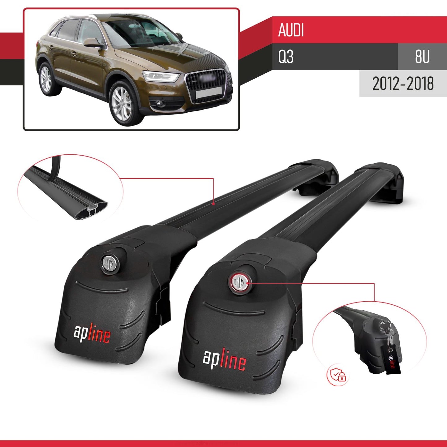 Compatible with Audi Q3 (8U) 2012-2018 ACE-2 Model Car Roof Rack Cross Bar Black Aluminium 2 Bars