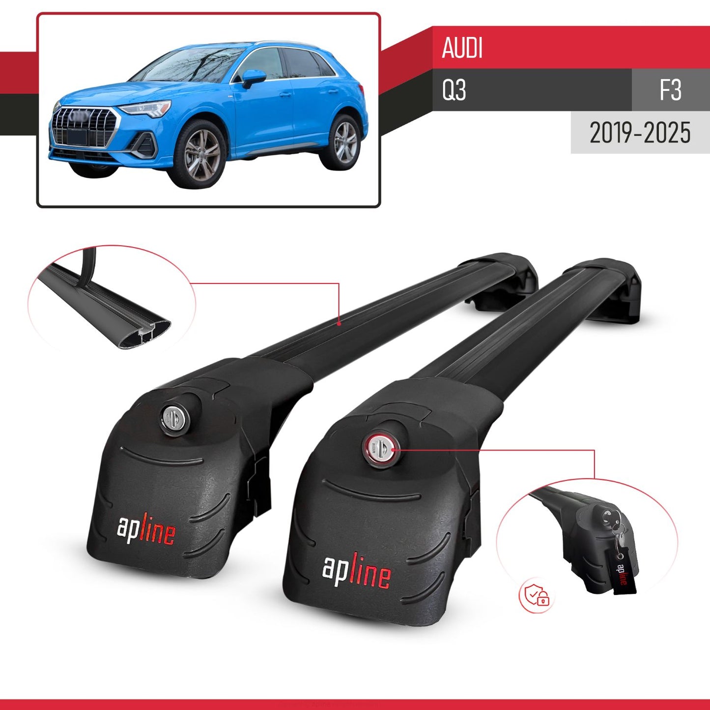 Compatible with Audi Q3 (F3) 2019-2025 ACE-2 Car Roof Rack Cross Bar Black Aluminium 2 Bars