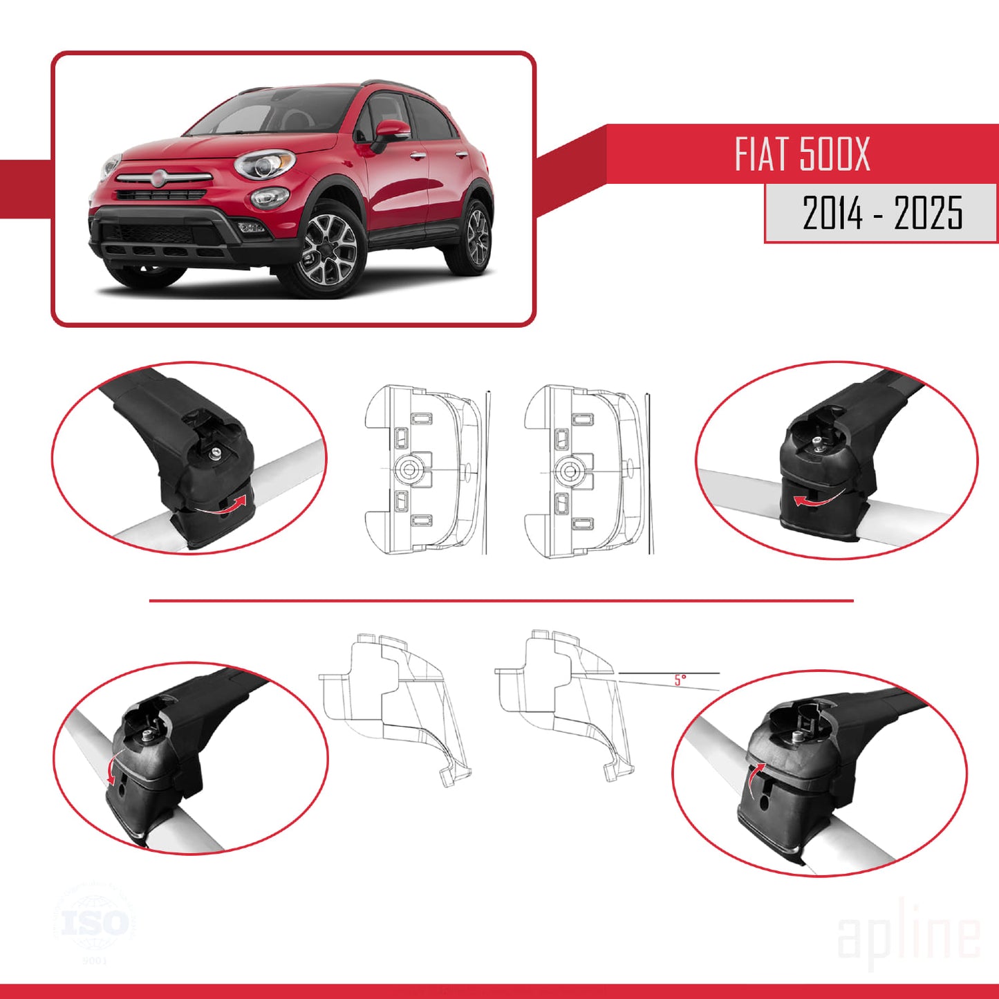 Compatible with Fiat 500X 2014-2025 ACE-2 Car Roof Rack Cross Bar Black Aluminium 2 Bars
