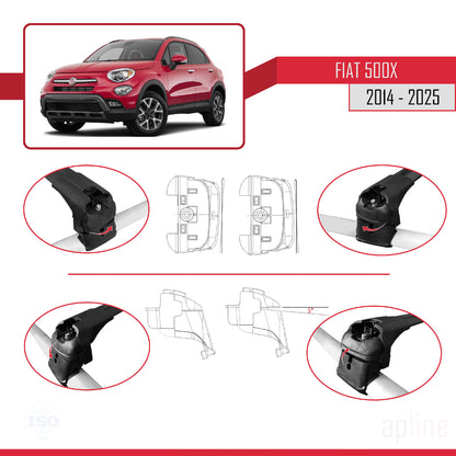 Compatible with Fiat 500X 2014-2025 ACE-2 Car Roof Rack Cross Bar Black Aluminium 2 Bars