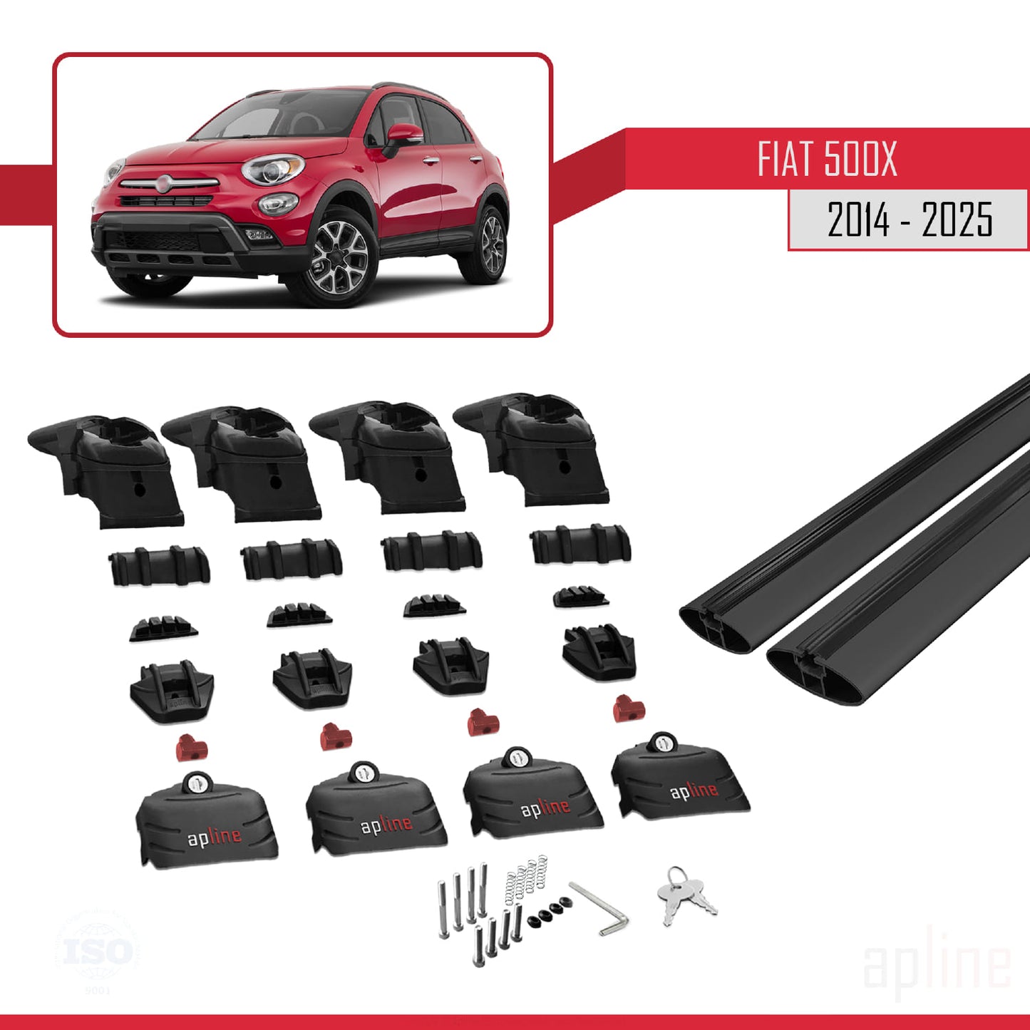 Compatible with Fiat 500X 2014-2025 ACE-2 Car Roof Rack Cross Bar Black Aluminium 2 Bars