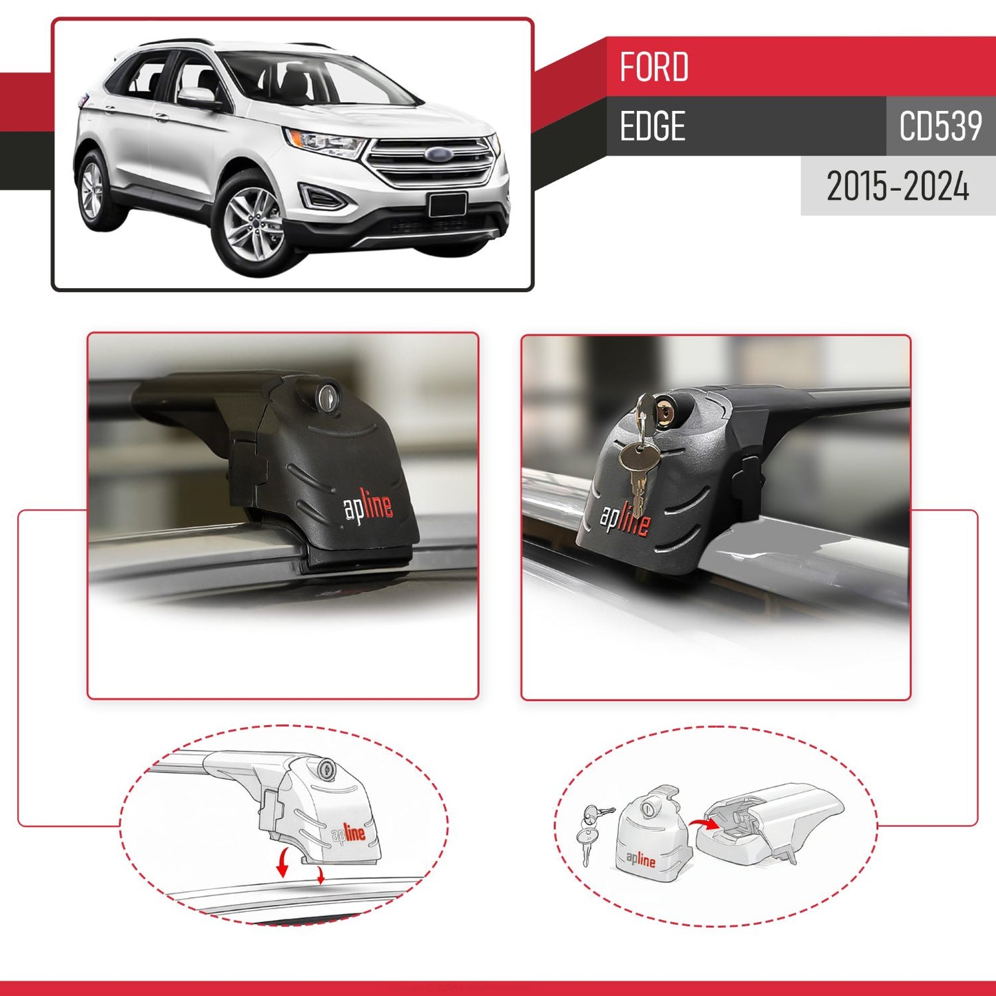 Compatible with Ford Edge (CD539) 2015-2024 ACE-2 Model Car Roof Rack Cross Bar Black Aluminium 2 Bars