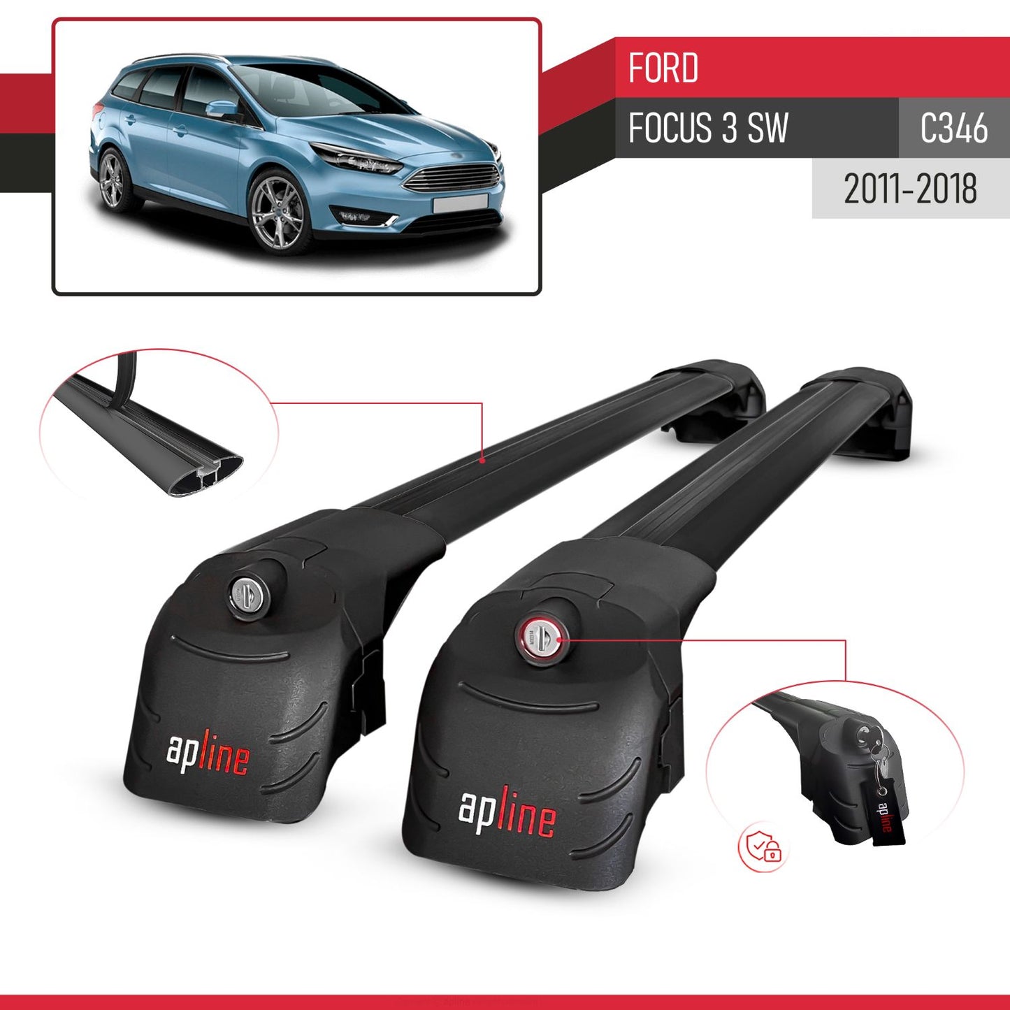Compatible with Ford Focus 3 (C346) SW 2011-2018 ACE-2 Model Car Roof Rack Cross Bar Black Aluminium 2 Bars