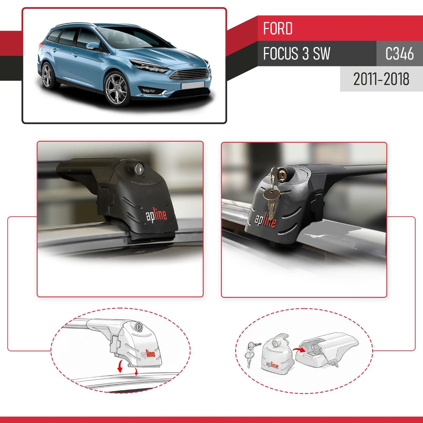 Compatible with Ford Focus 3 (C346) SW 2011-2018 ACE-2 Model Car Roof Rack Cross Bar Black Aluminium 2 Bars