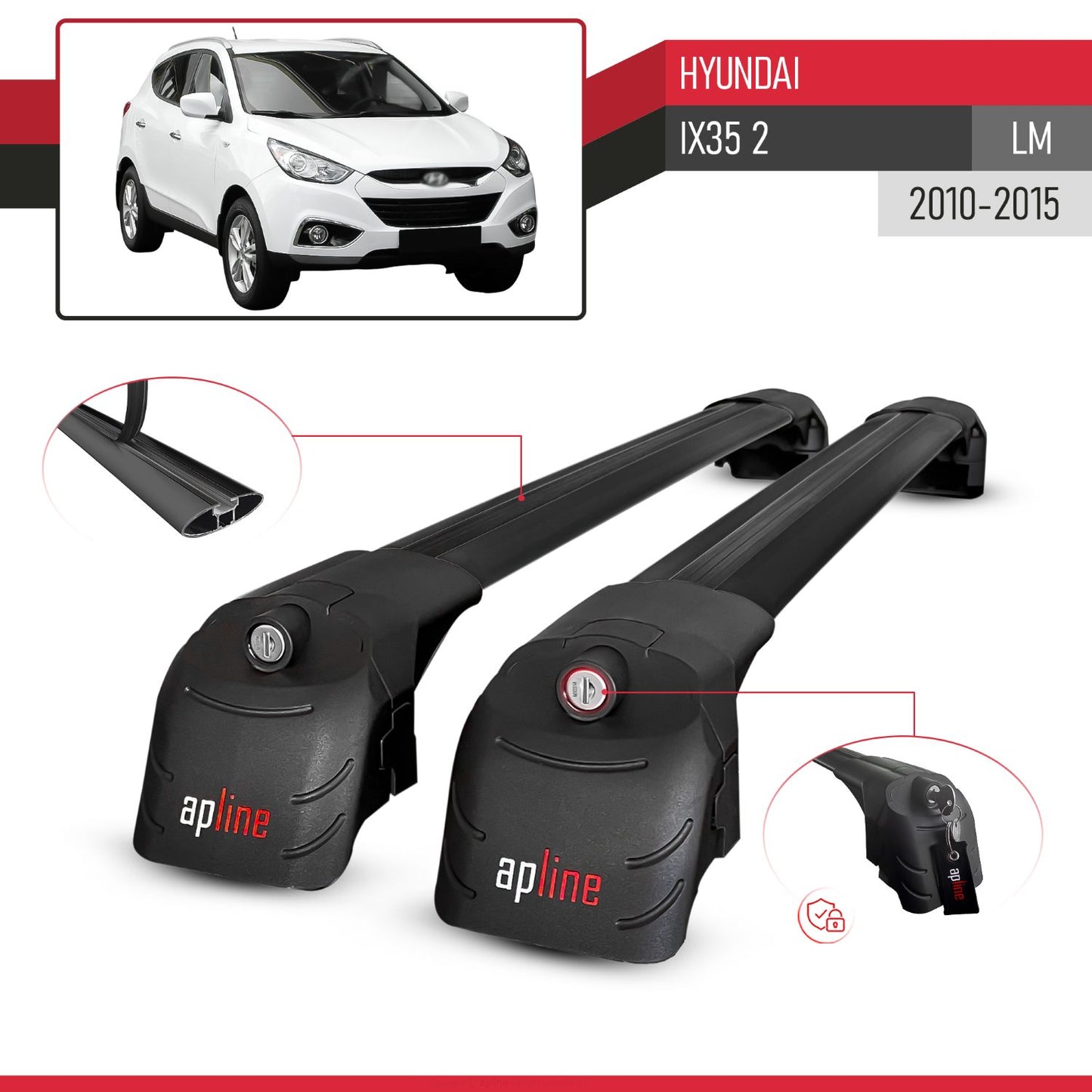 Compatible with Hyundai ix35 2 (LM) 2010-2015 ACE-2 Model Car Roof Rack Cross Bar Black Aluminium 2 Bars