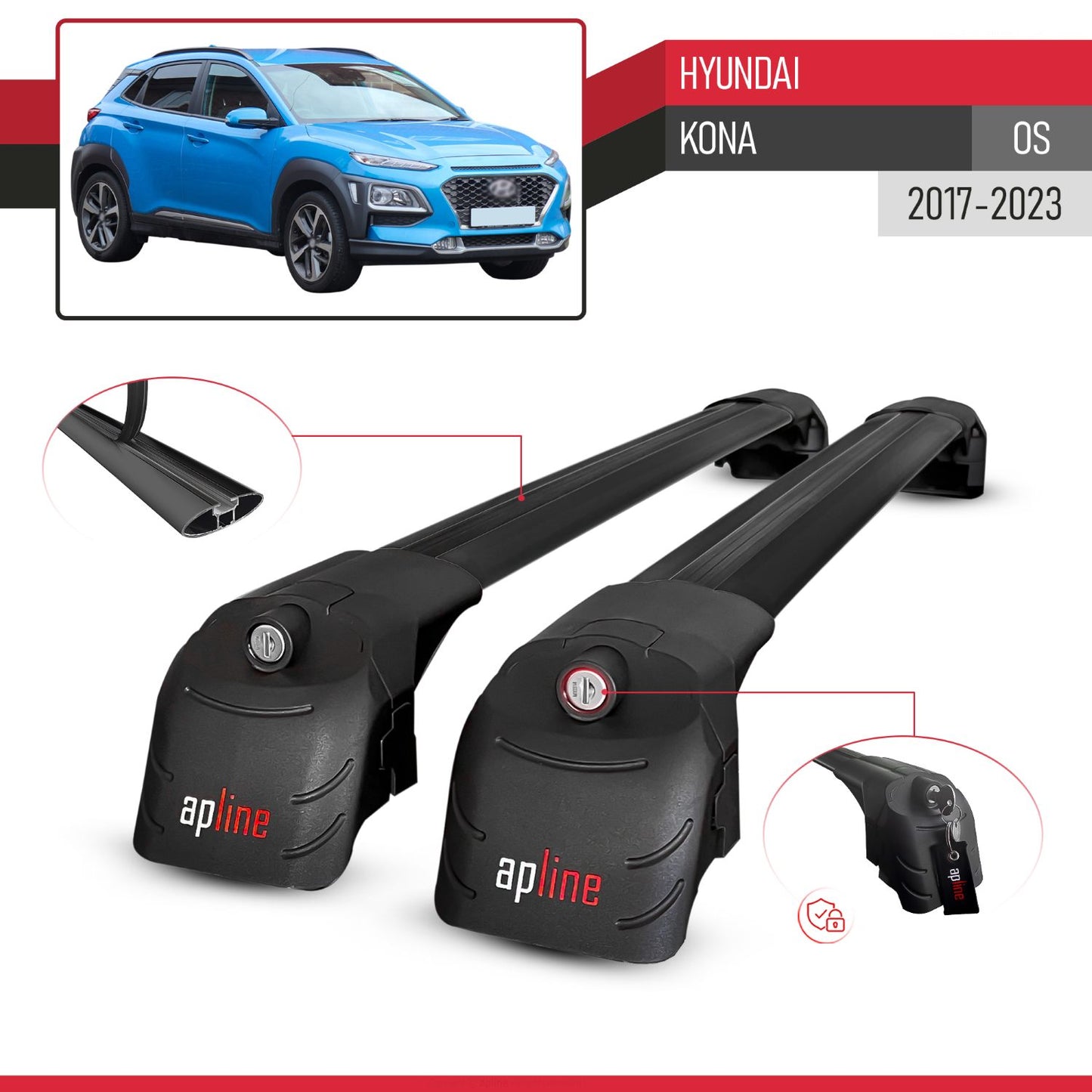 Compatible with Hyundai Kona (OS) 2017-2023 ACE-2 Model Car Roof Rack Cross Bar Black Aluminium 2 Bars