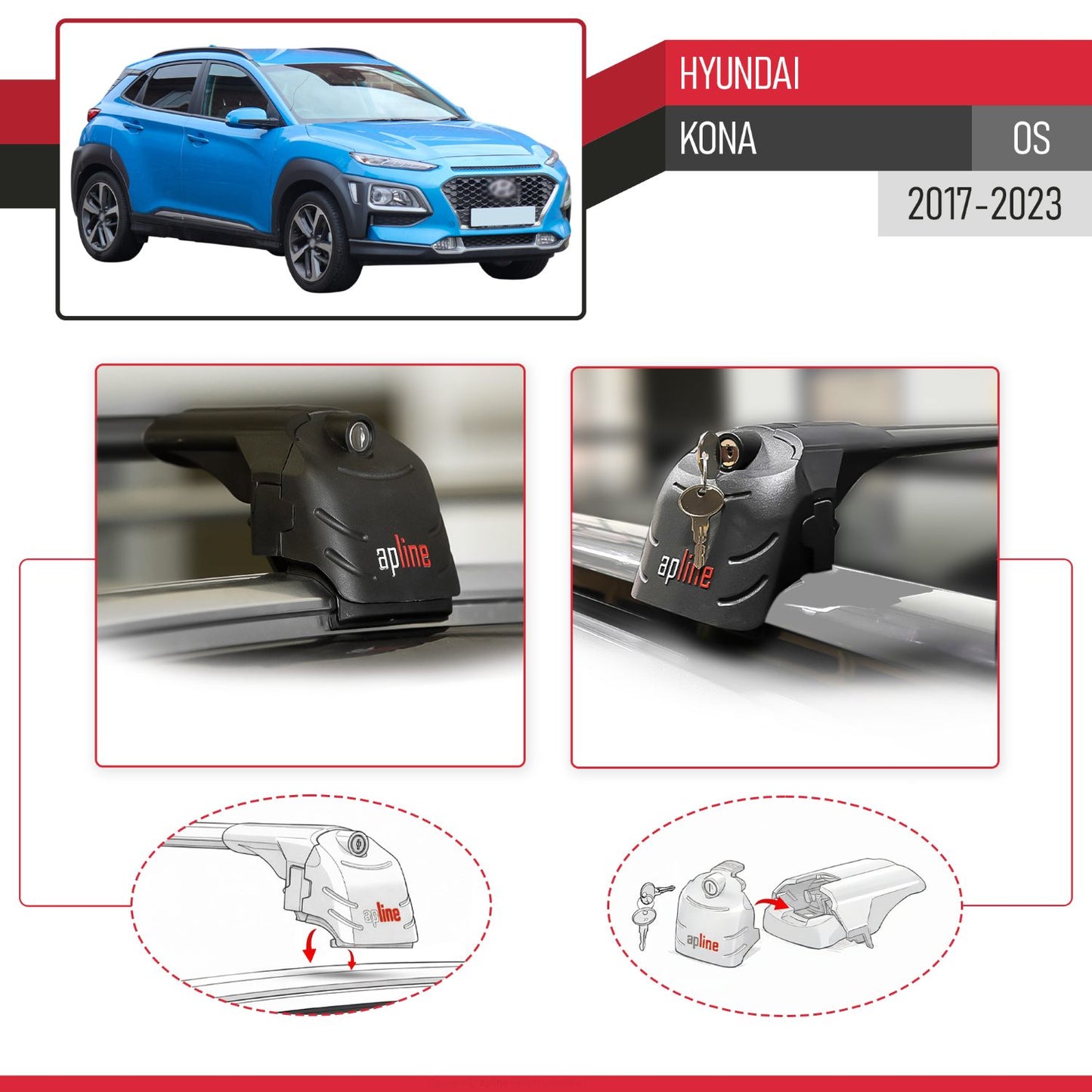 Compatible with Hyundai Kona (OS) 2017-2023 ACE-2 Model Car Roof Rack Cross Bar Black Aluminium 2 Bars