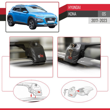 Compatible with Hyundai Kona (OS) 2017-2023 ACE-2 Model Car Roof Rack Cross Bar Black Aluminium 2 Bars