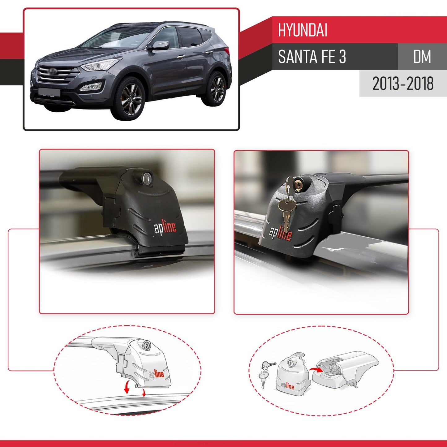 Compatible with Hyundai Santa Fe 3 (DM) 2013-2018 ACE-2 Model Car Roof Rack Cross Bar Black Aluminium 2 Bars