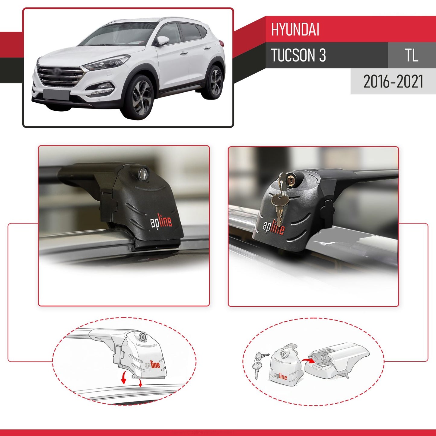 Compatible with Hyundai Tucson 3 (TL) 2016-2021 ACE-2 Model Car Roof Rack Cross Bar Black Aluminium 2 Bars