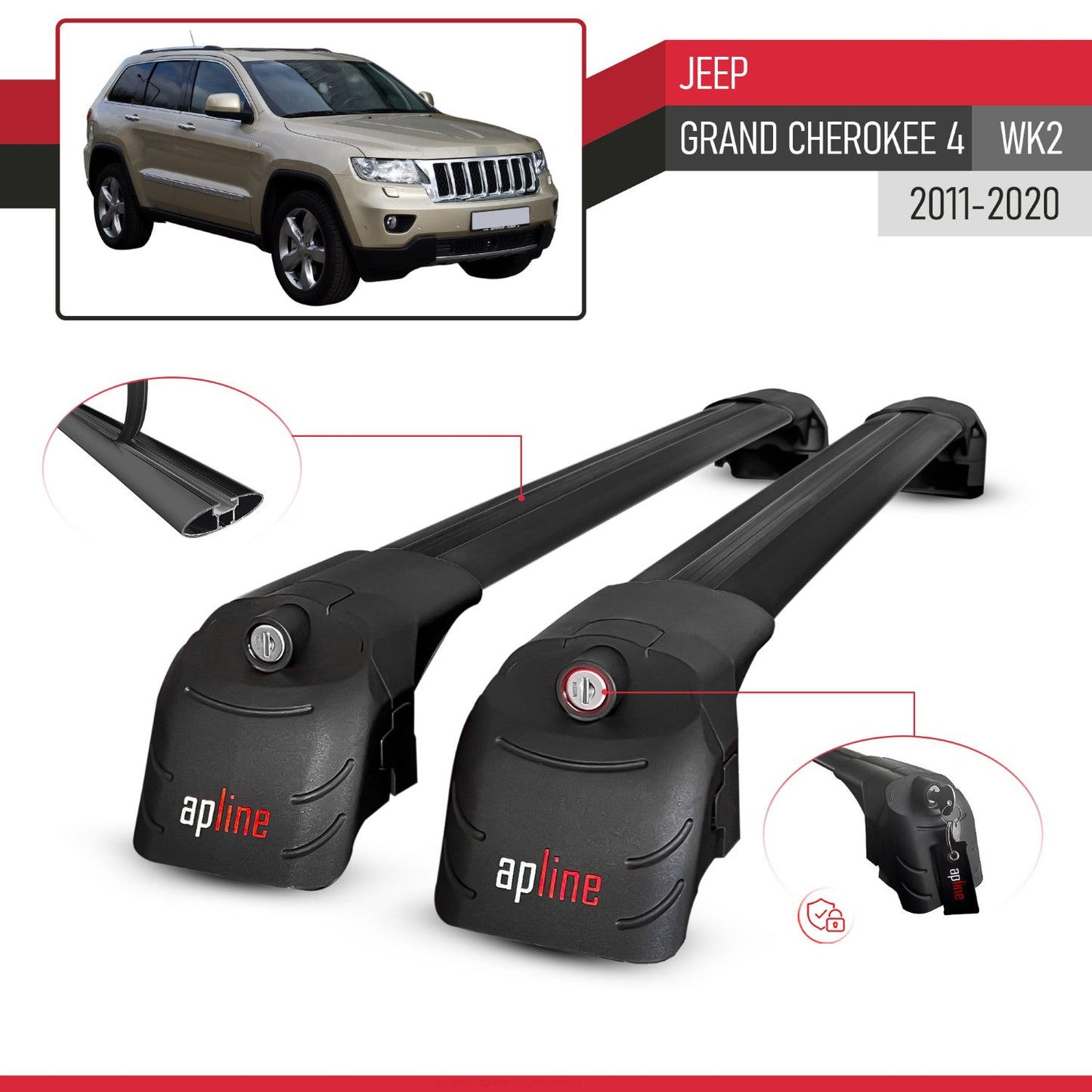 Compatible with Jeep Grand Cherokee 4 (WK2) 2011-2020 ACE-2 Model Car Roof Rack Cross Bar Black Aluminium 2 Bars