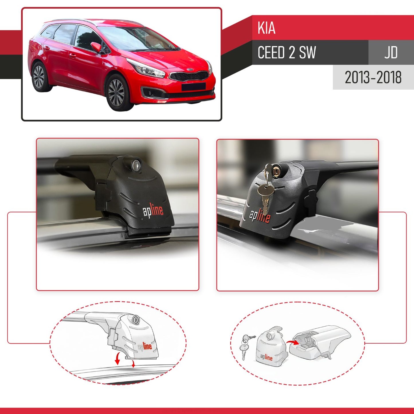 Compatible with Kia Ceed 2 (JD) SW 2013-2018 ACE-2 Model Car Roof Rack Cross Bar Black Aluminium 2 Bars