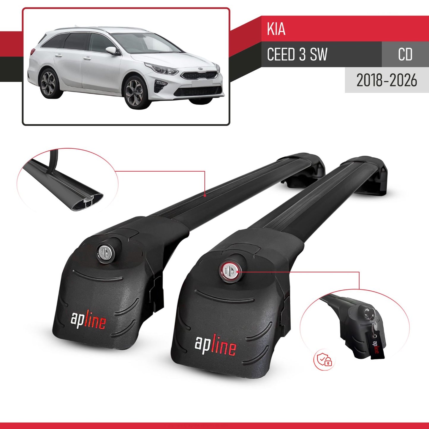 Compatible with Kia Ceed 3 (CD) SW 2018-2026 ACE-2 Model Car Roof Rack Cross Bar Black Aluminium 2 Bars