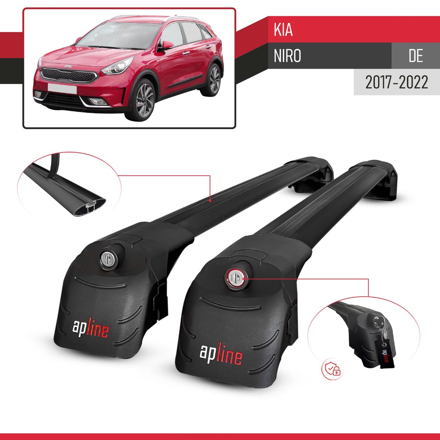 Compatible with Kia Niro (DE) 2017-2022 ACE-2 Model Car Roof Rack Cross Bar Black Aluminium 2 Bars