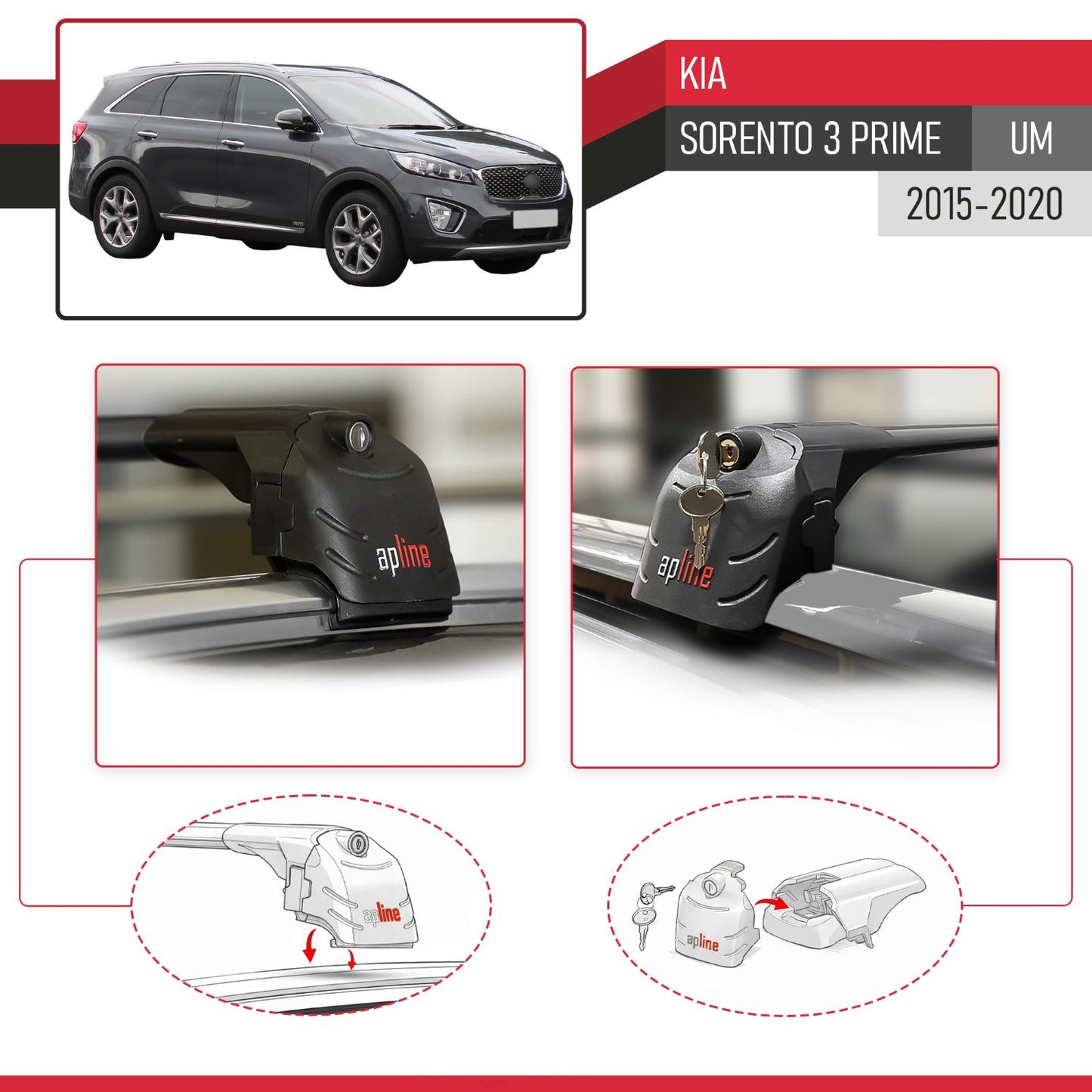 Compatible with Kia Sorento 3 (UM) Prime 2015-2020 ACE-2 Model Car Roof Rack Cross Bar Black Aluminium 2 Bars